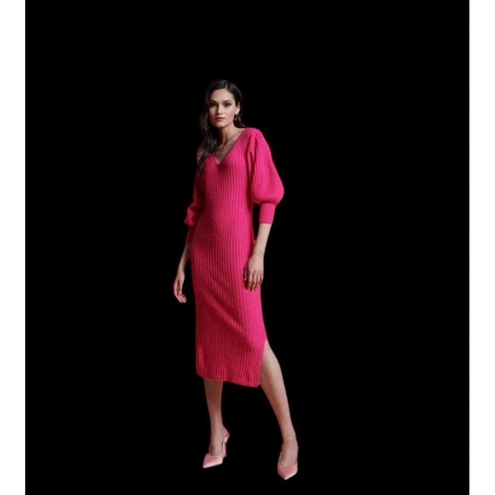 Rachel Parcell Pink Rouge ribbed knit sweater dress‎ sz XS Vneck bubble sleeve